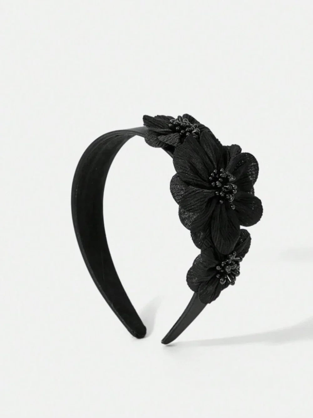 Black Floral Beaded Headband - 3D Flower Statement